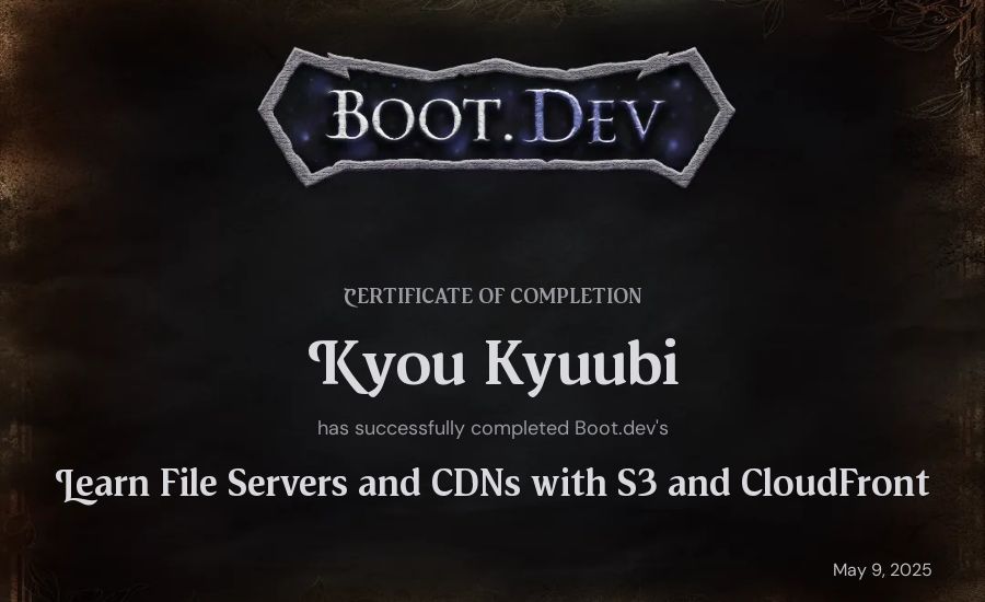 Kyou Kyuubi's Boot.dev Learn File Servers and CDNs with S3 and CloudFront certificate