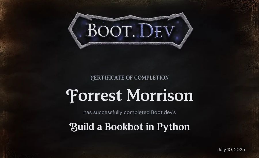 Forrest Morrison's Boot.dev Build a BookBot in Python certificate