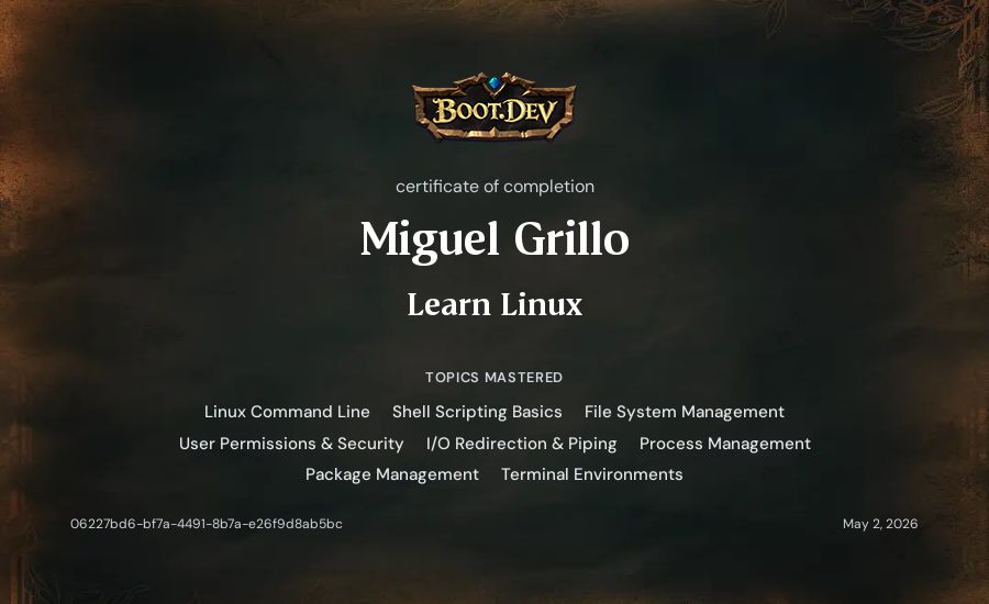 Miguel Grillo's Boot.dev Learn Linux certificate