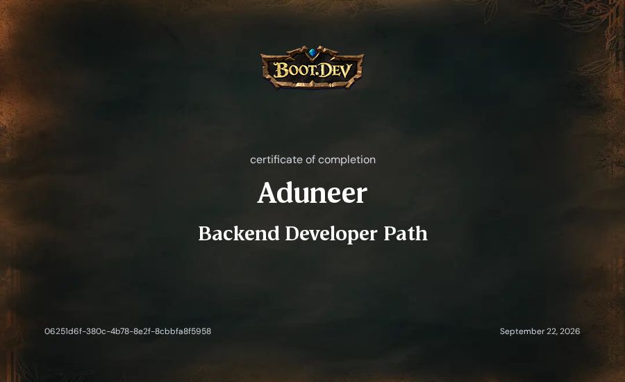 Aduneer's Boot.dev Backend Developer Path certificate