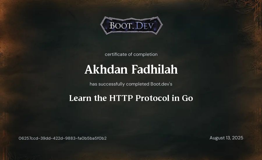 Akhdan Fadhilah's Boot.dev Learn the HTTP Protocol in Go certificate