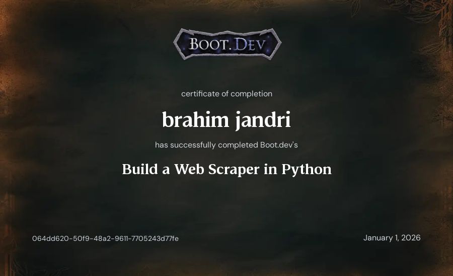 brahim jandri's Boot.dev Build a Web Scraper in Python certificate