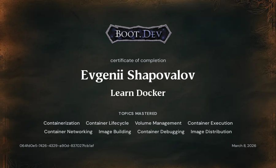 Evgenii Shapovalov's Boot.dev Learn Docker certificate