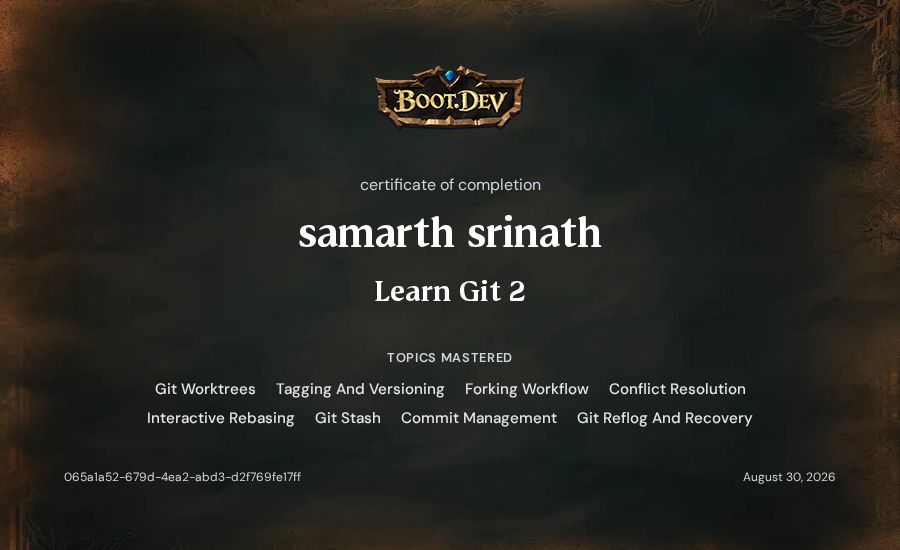 samarth srinath's Boot.dev Learn Git 2 certificate