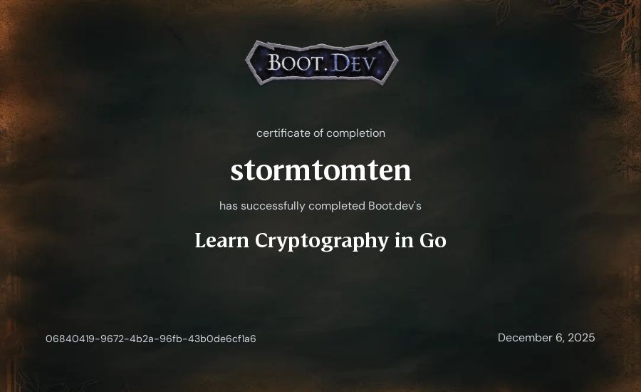 stormtomten's Boot.dev Learn Cryptography in Go certificate