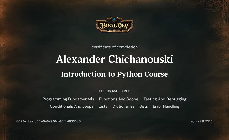 Alexander Chichanouski's Boot.dev Introduction to Python Course certificate
