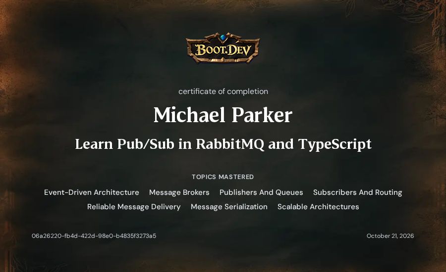 Michael Parker's Boot.dev Learn Pub/Sub in RabbitMQ and TypeScript certificate