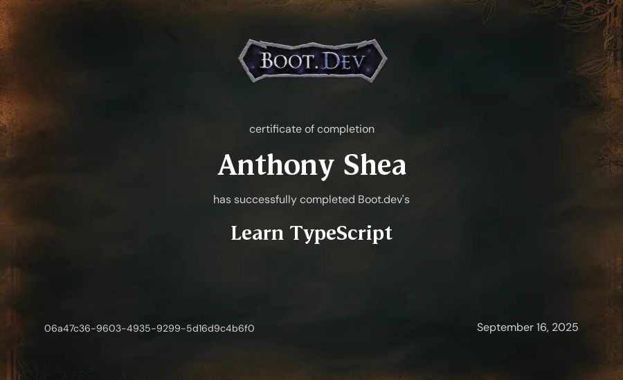 Anthony Shea's Boot.dev Learn TypeScript certificate