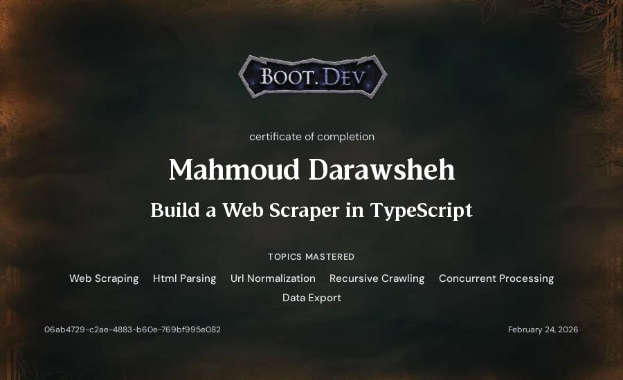 Mahmoud Darawsheh's Boot.dev Build a Web Scraper in TypeScript certificate