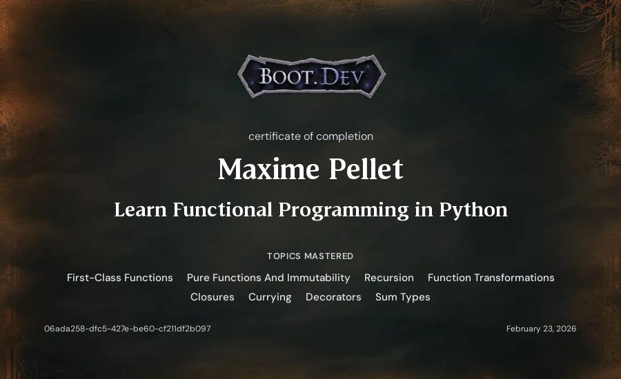 Maxime Pellet's Boot.dev Learn Functional Programming in Python certificate
