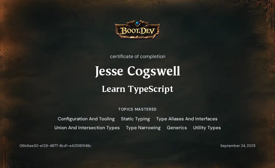 Jesse Cogswell's Boot.dev Learn TypeScript certificate