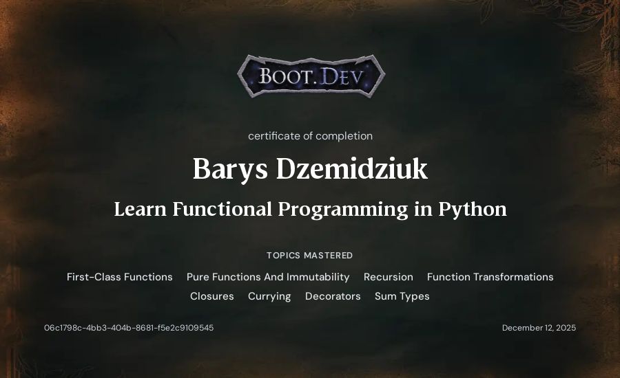 Barys Dzemidziuk's Boot.dev Learn Functional Programming in Python certificate