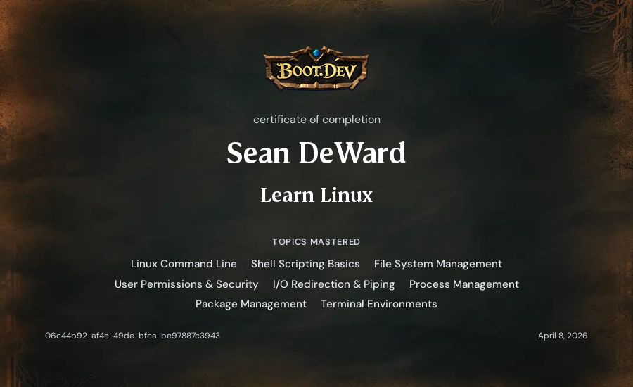Sean DeWard's Boot.dev Learn Linux certificate