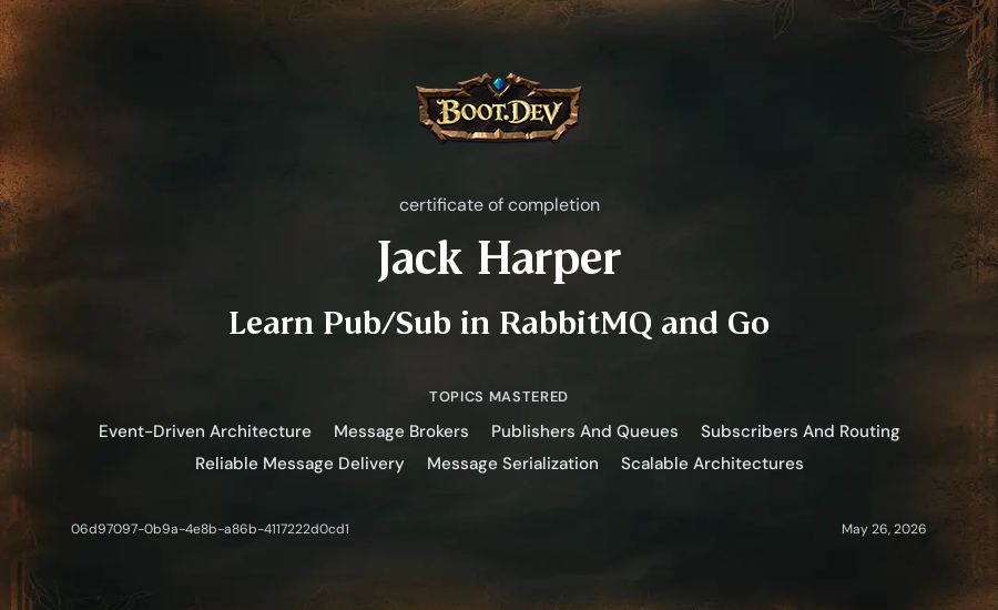 Jack Harper's Boot.dev Learn Pub/Sub in RabbitMQ and Go certificate