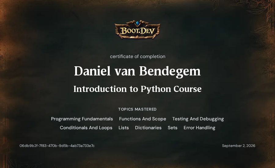 Daniel van Bendegem's Boot.dev Introduction to Python Course certificate