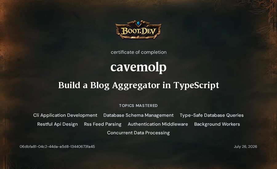 cavemolp's Boot.dev Build a Blog Aggregator in TypeScript certificate