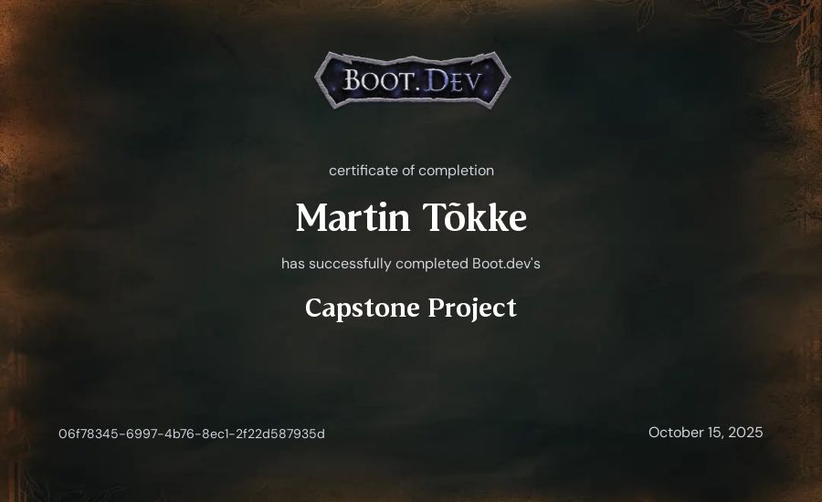 Martin Tõkke's Boot.dev Capstone Project certificate