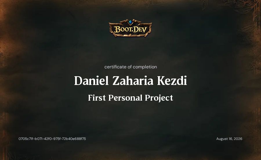 Daniel Zaharia Kezdi's Boot.dev First Personal Project certificate