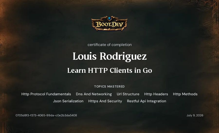 Louis Rodriguez's Boot.dev Learn HTTP Clients in Go certificate