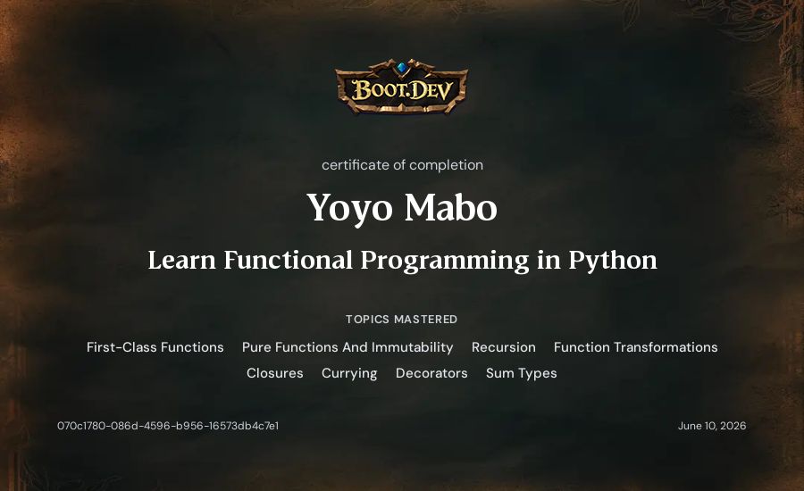 Yoshisaur Munchakoopas's Boot.dev Learn Functional Programming in Python certificate