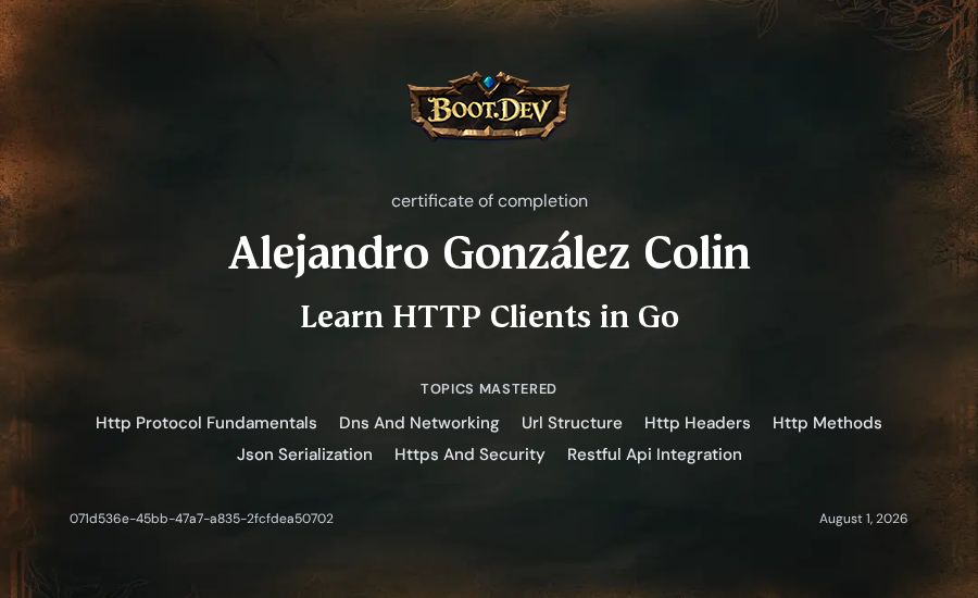 Alejandro González Colin's Boot.dev Learn HTTP Clients in Go certificate