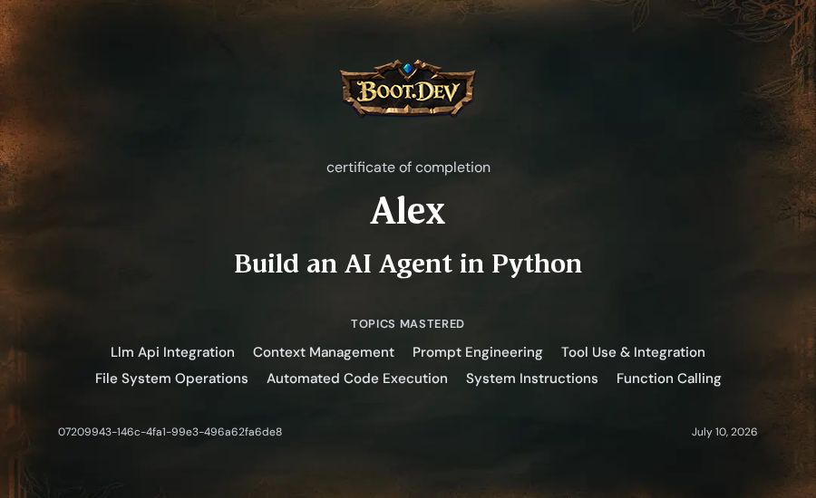 Alex's Boot.dev Build an AI Agent in Python certificate