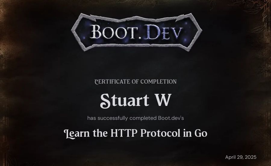 Stuart W's Boot.dev Learn the HTTP Protocol in Go certificate
