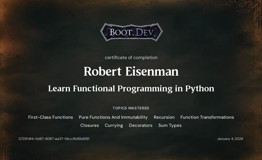 Robert Eisenman's Boot.dev Learn Functional Programming in Python certificate