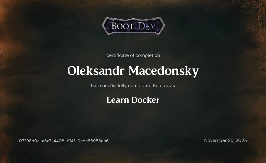 Oleksandr Azarov's Boot.dev Learn Docker certificate