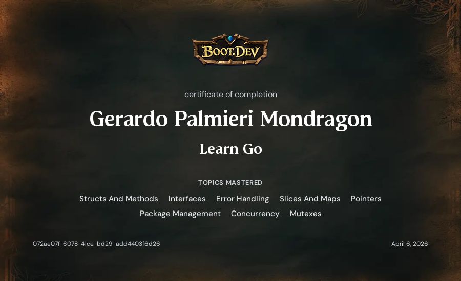 Gerardo Palmieri Mondragon's Boot.dev Learn Go certificate