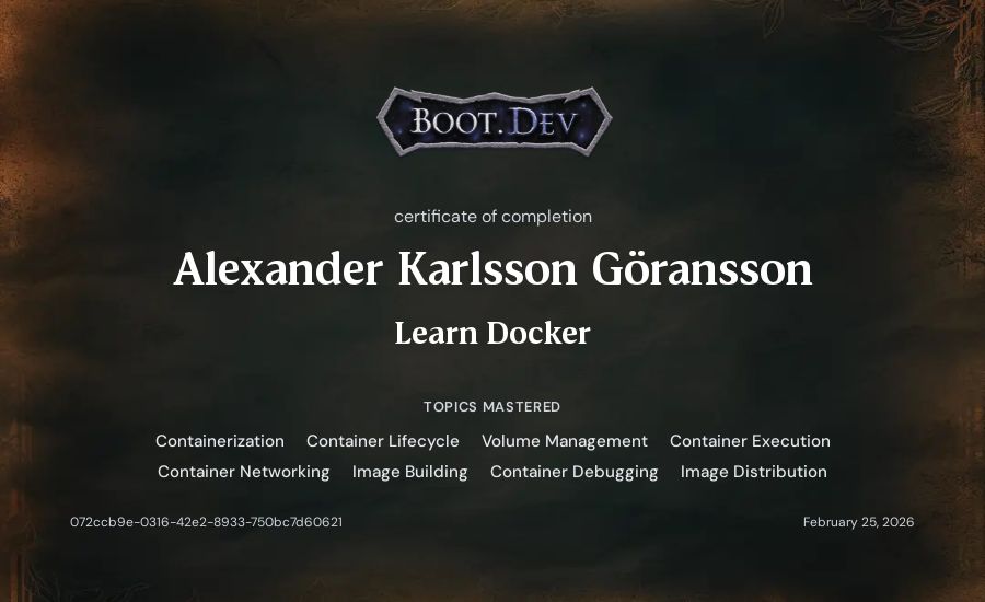 Alexander Karlsson Göransson's Boot.dev Learn Docker certificate