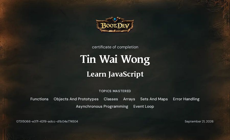 Tin Wai Wong's Boot.dev Learn JavaScript certificate