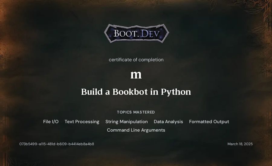 m's Boot.dev Build a BookBot in Python certificate