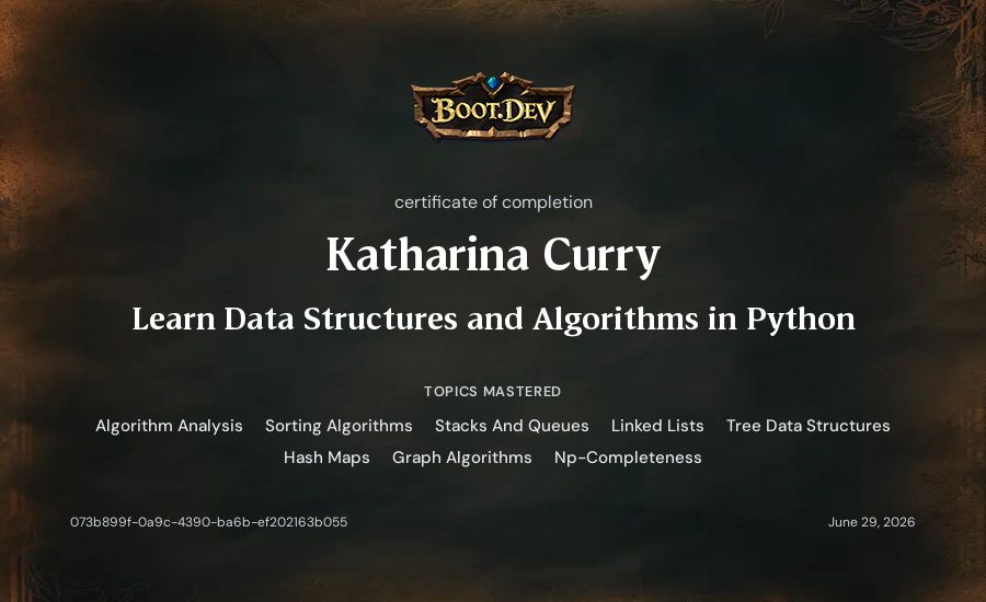 Katharina Curry's Boot.dev Learn Data Structures and Algorithms in Python certificate