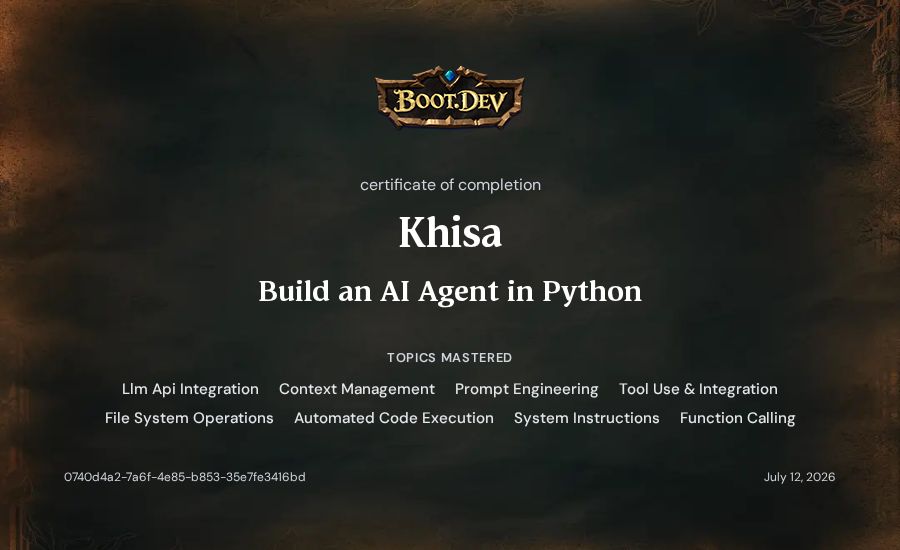 Khisa's Boot.dev Build an AI Agent in Python certificate