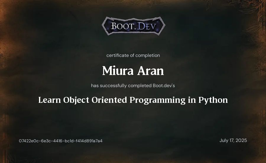Alan Corleto's Boot.dev Learn Object Oriented Programming in Python certificate