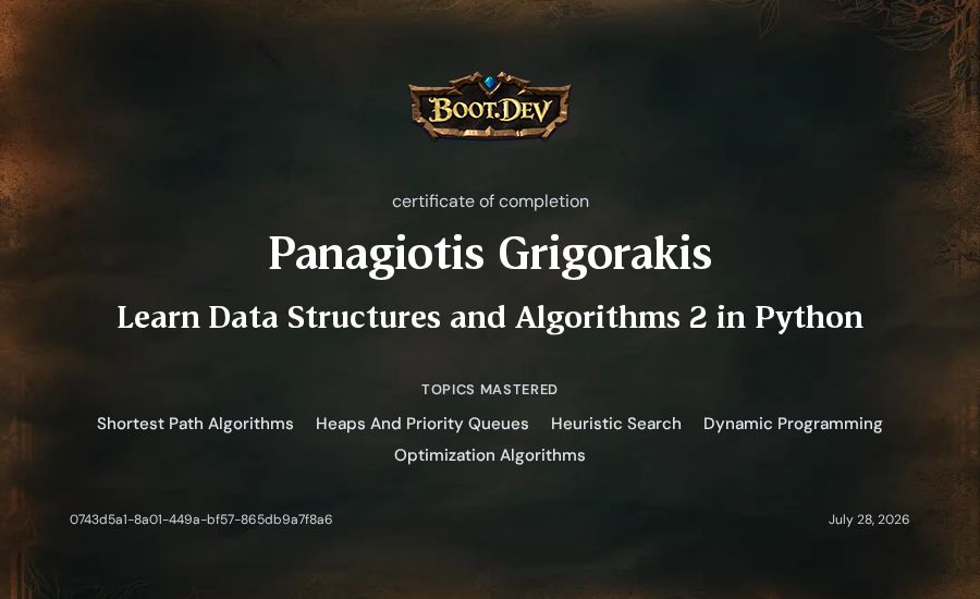 Panagiotis Grigorakis's Boot.dev Learn Data Structures and Algorithms 2 in Python certificate