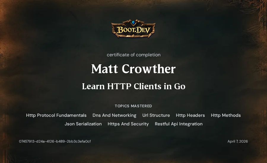 Matt Crowther's Boot.dev Learn HTTP Clients in Go certificate