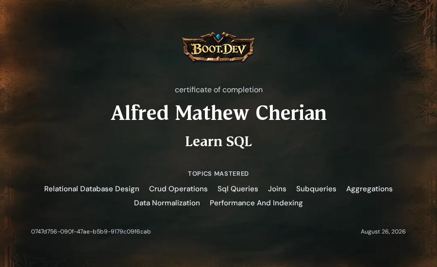 Alfred Mathew Cherian's Boot.dev Learn SQL certificate