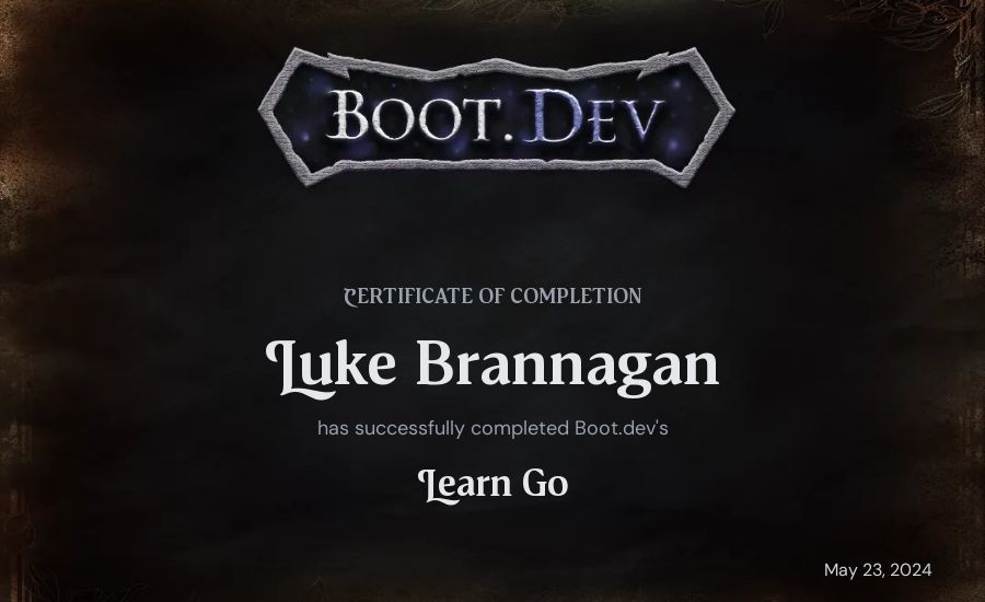 Luke Brannagan's Boot.dev Learn Go certificate