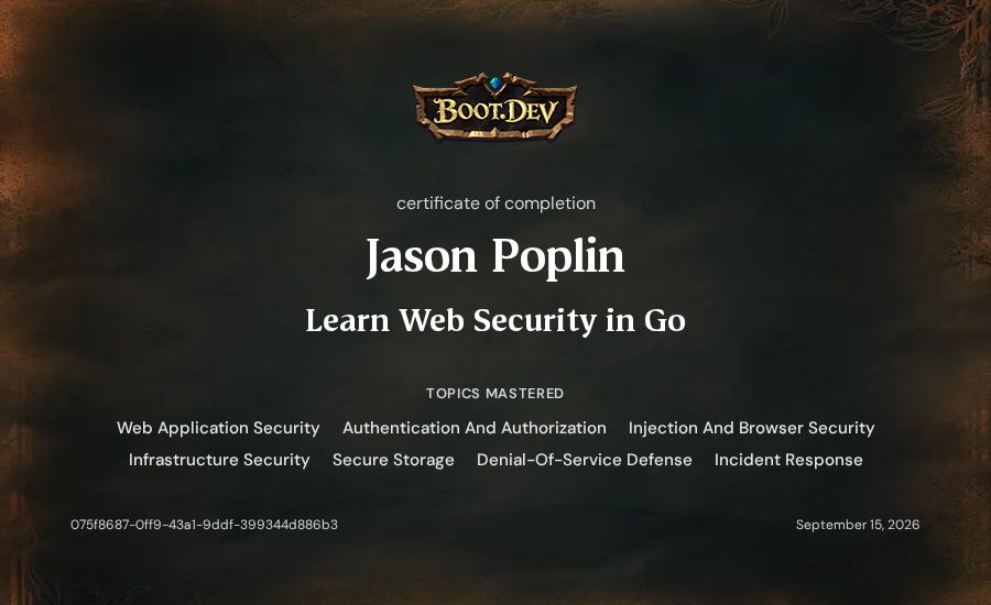 Jason Poplin's Boot.dev Learn Web Security in Go certificate