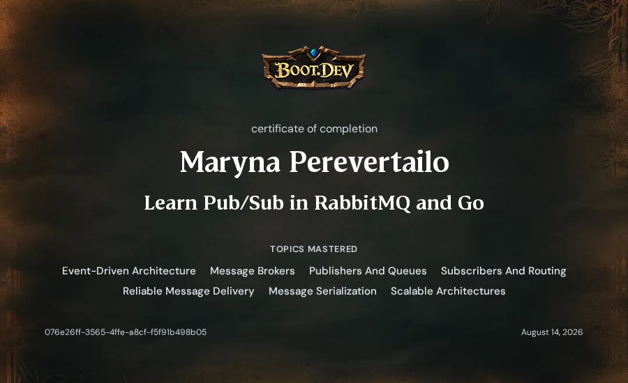 Maryna Perevertailo's Boot.dev Learn Pub/Sub in RabbitMQ and Go certificate