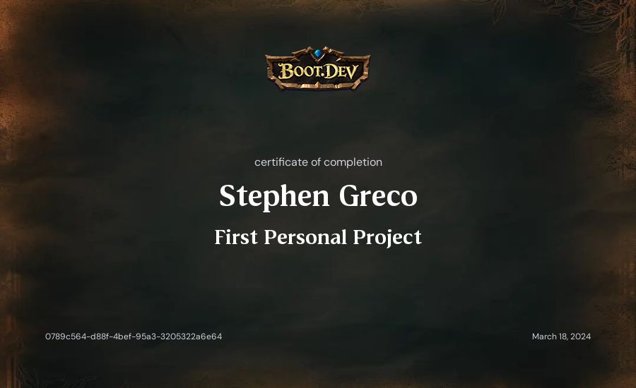 Stephen Greco's Boot.dev First Personal Project certificate
