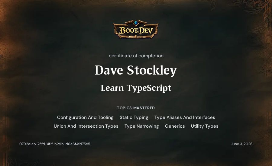 Dave Stockley's Boot.dev Learn TypeScript certificate