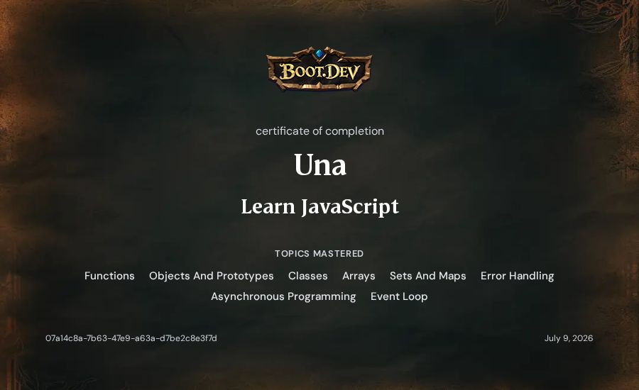 Una's Boot.dev Learn JavaScript certificate