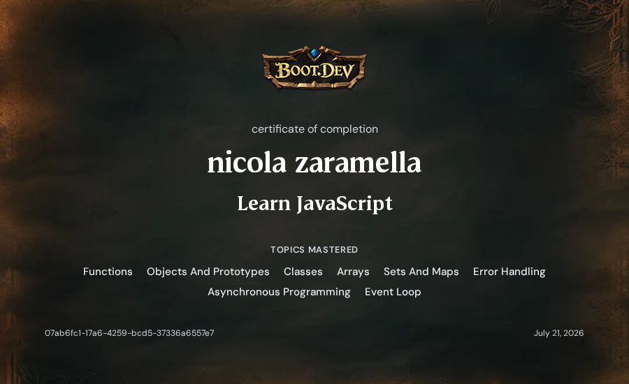 nicola zaramella's Boot.dev Learn JavaScript certificate