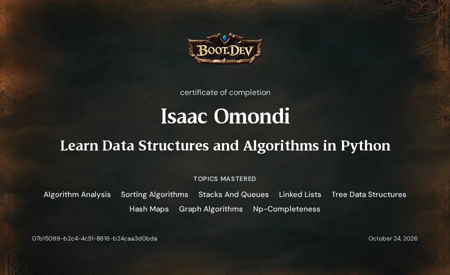 Isaac Omondi's Boot.dev Learn Data Structures and Algorithms in Python certificate