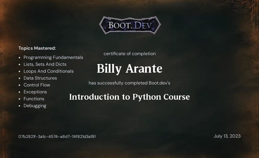 Billy Arante's Boot.dev Introduction to Python Course certificate
