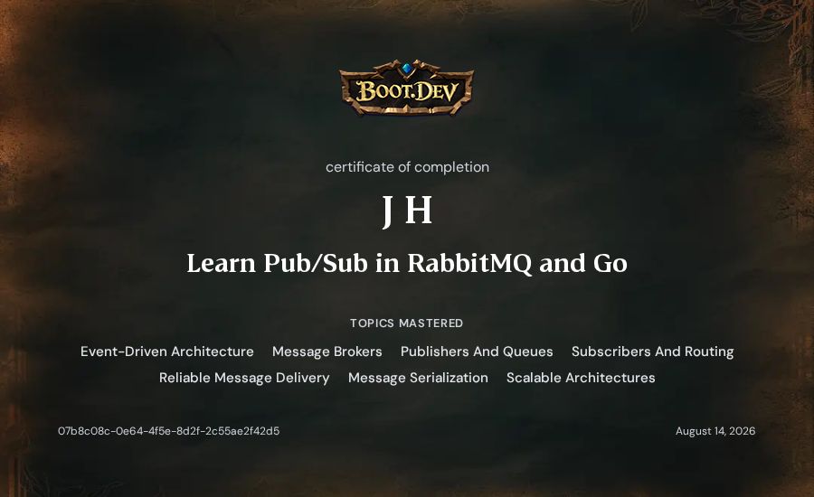 J H's Boot.dev Learn Pub/Sub in RabbitMQ and Go certificate