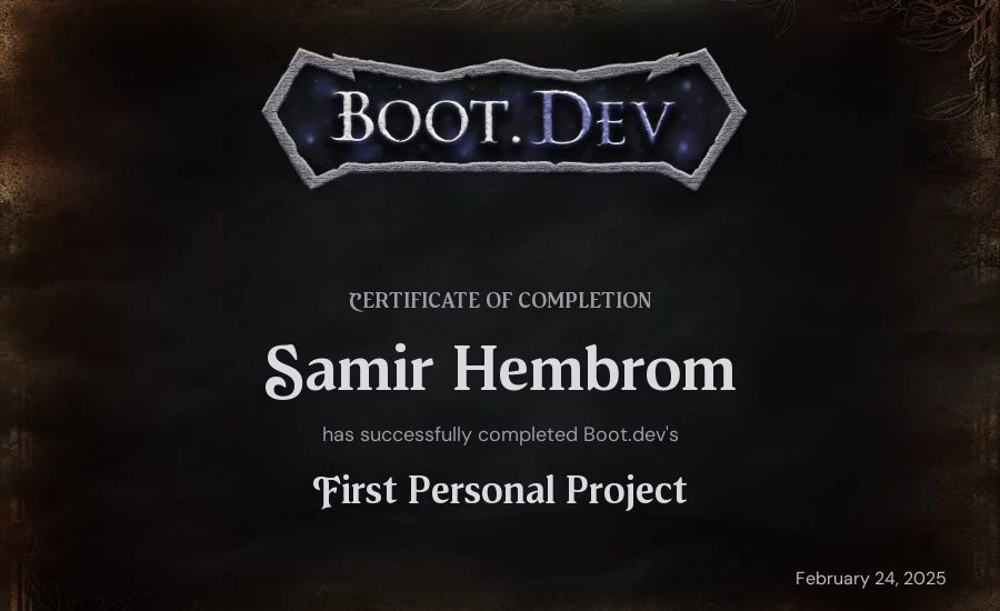 Samir Hembrom's Boot.dev First Personal Project certificate